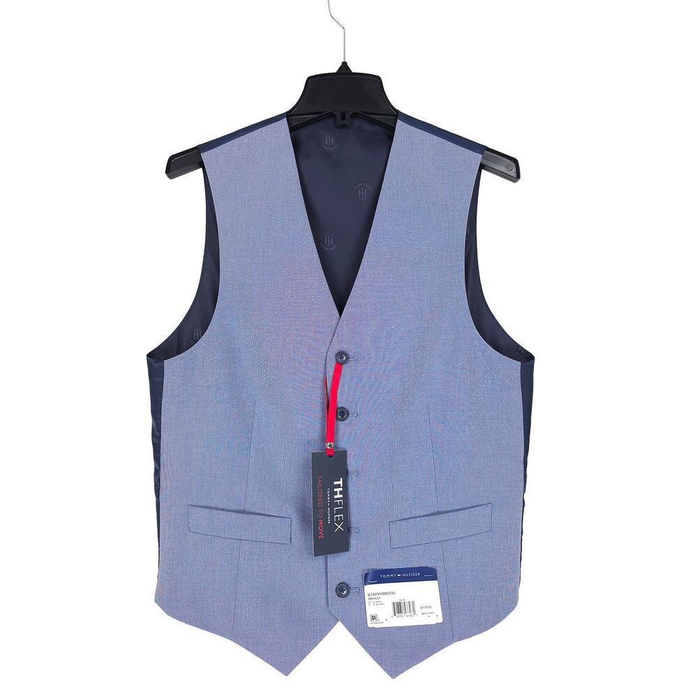 Tommy Hilfiger Mens Modern Fit Suit Vest Sz Small Blue Stretch Cotton Chambray